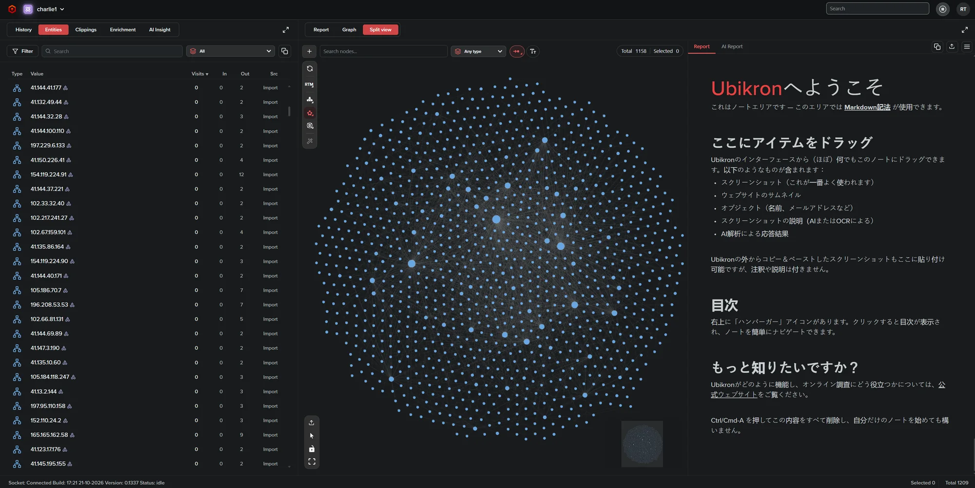 Ubikron in dark mode with a graph of more than a thousand nodes and a report written in Japanese.