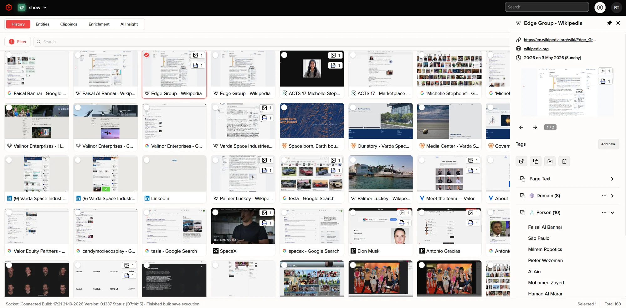Ubikron history: a grid of screenshots of every page visited, with one page open on the right showing its address, the time of the visit, its text and the entities found on it.