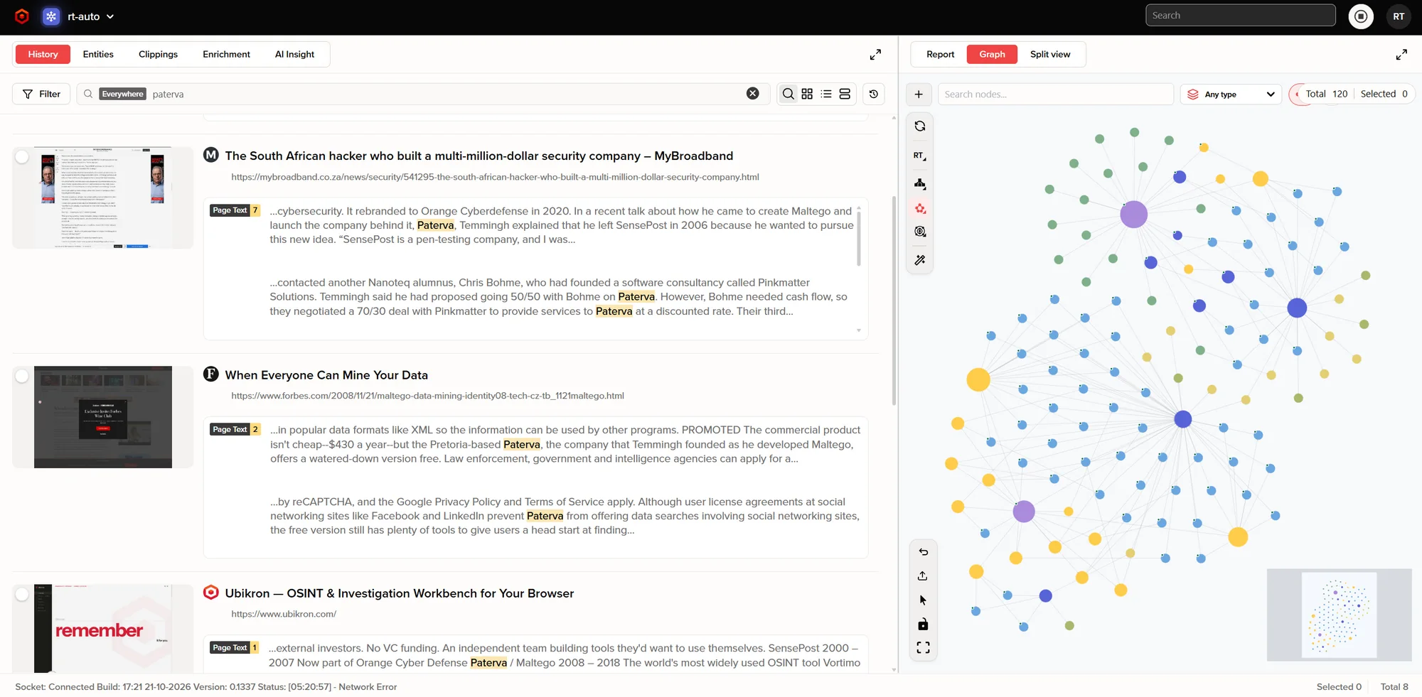A search for "paterva" across browsing history, with matching passages highlighted on each captured page, and the graph alongside.